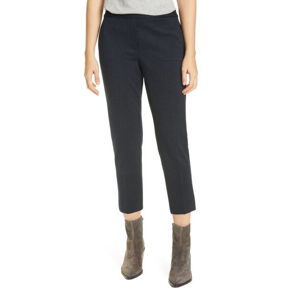 THEORY Pants - THEORY Womens Navy Pocketed Pull-on Pinstripe Evening Straight leg Pants 4